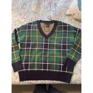 Tahari Knit V-Neck Plaid Sweater Size L Buttery Soft Academia Holiday